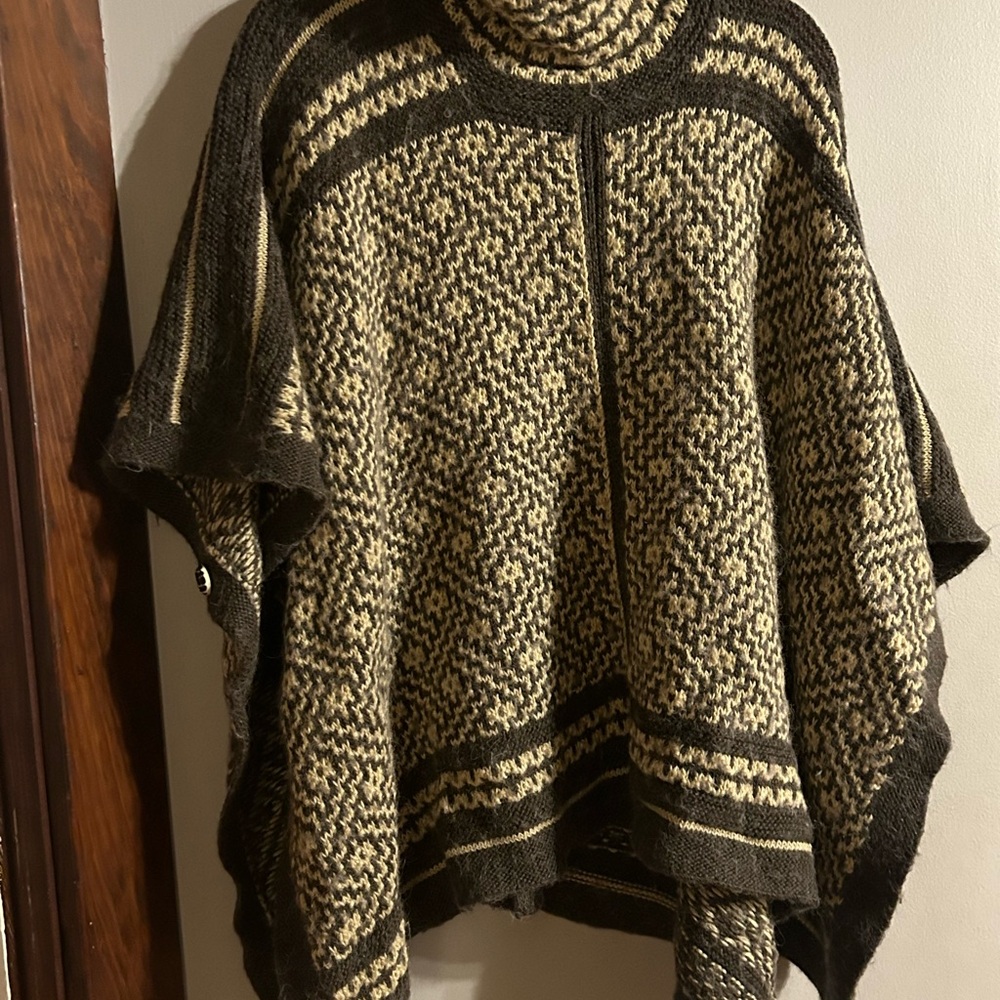 Brown and Cream Ralph Lauren Poncho Shrug with Geometric Pattern and High Collar